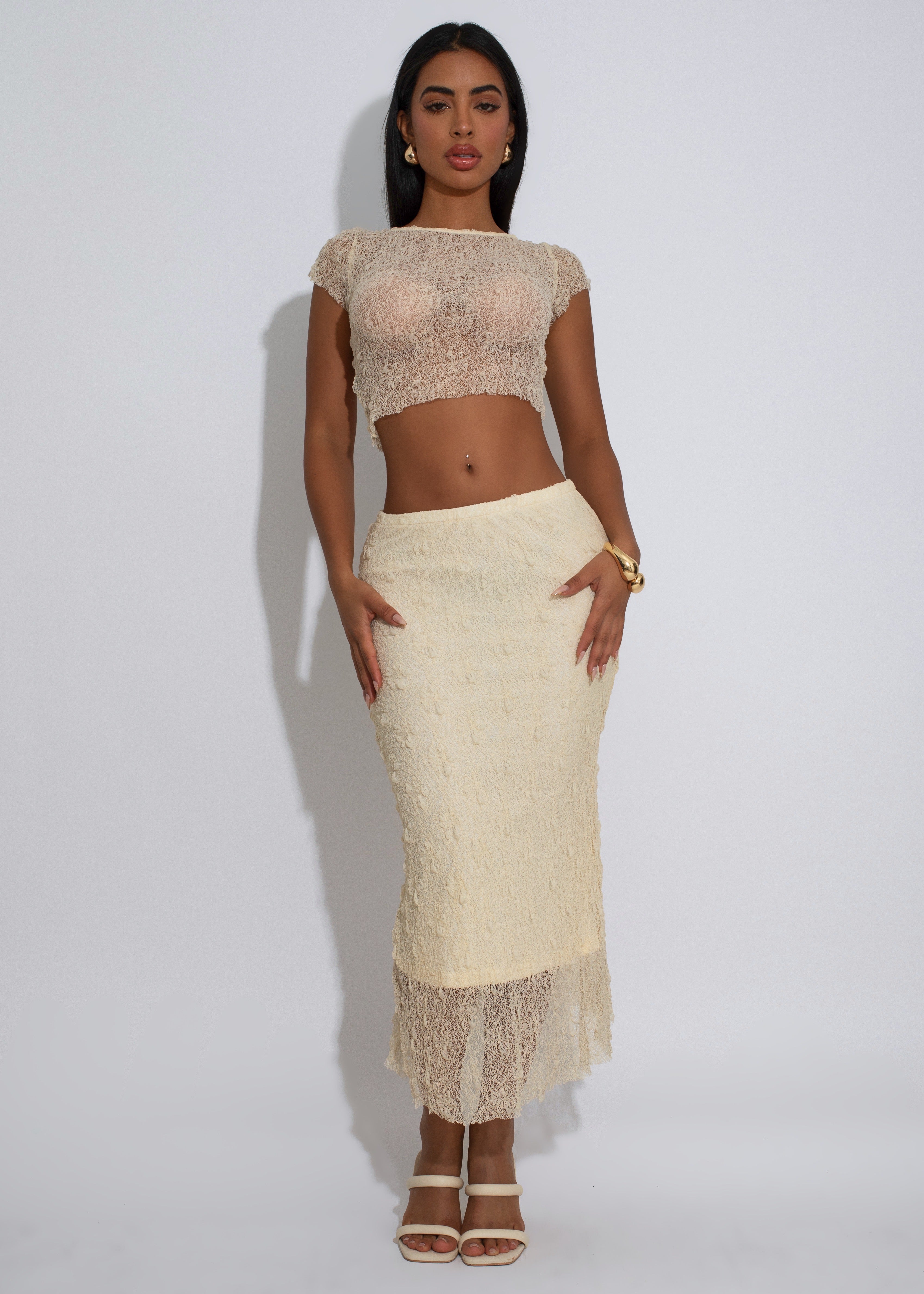 Whisper Bloom Lace Floral Skirt Set Nude