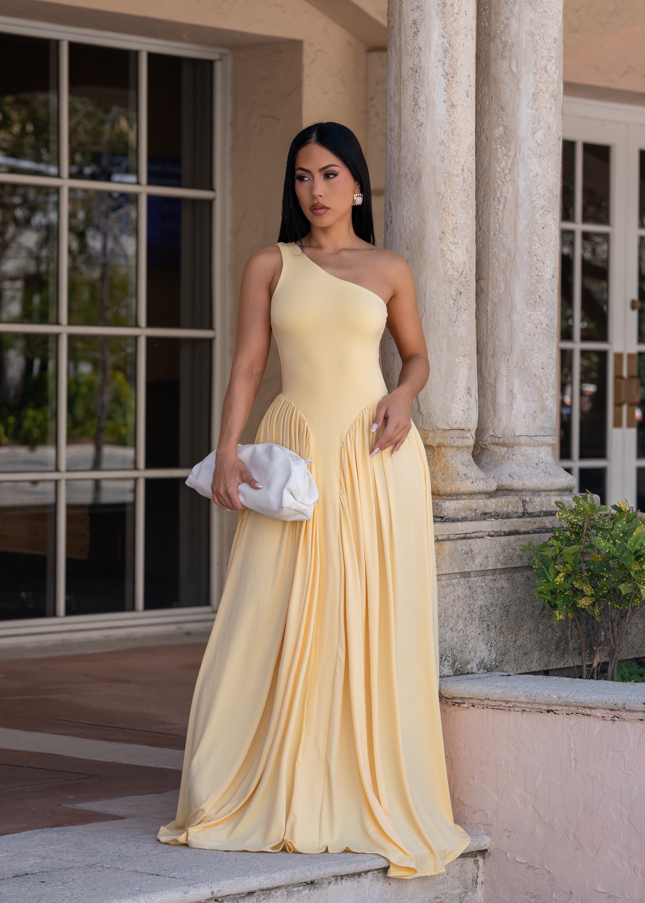 Temple of Desire Ruched Maxi Dress Yellow