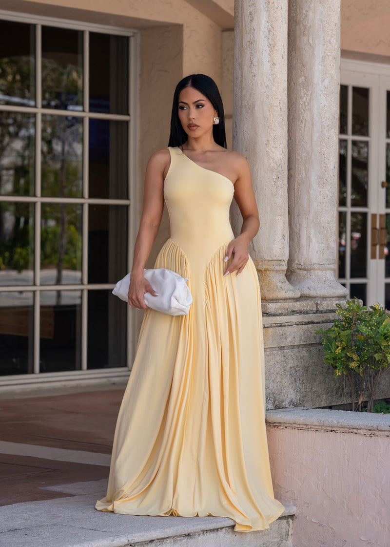 Temple of Desire Ruched Maxi Dress Yellow