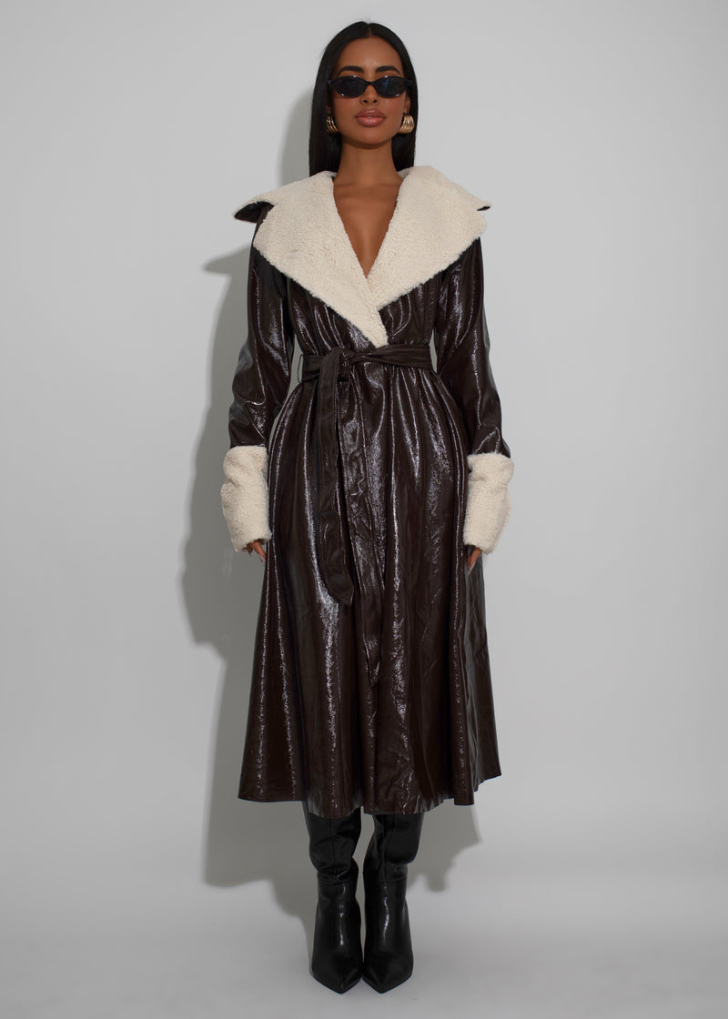 Midnight Glacier Faux Leather Coat Brown