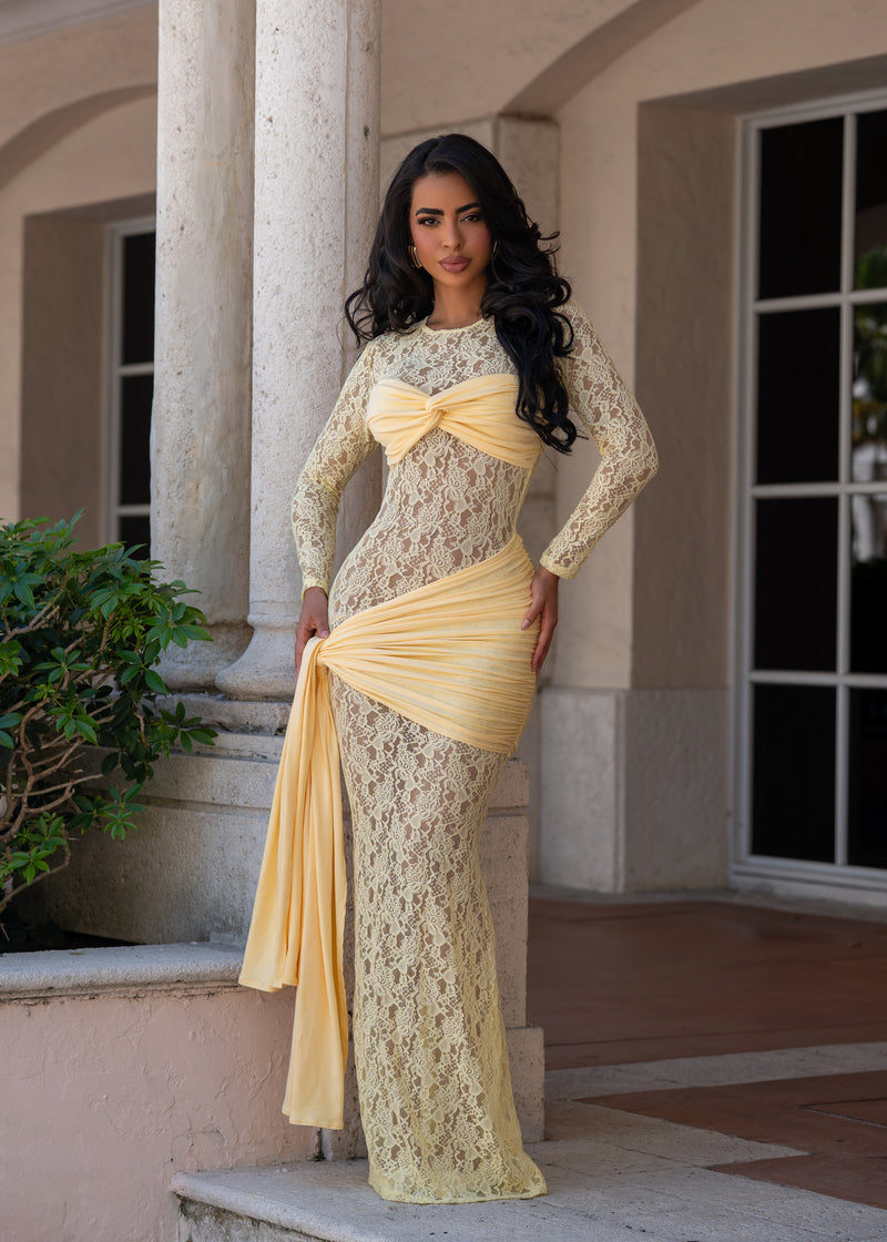 Fabulosity Floral Lace Maxi Dress Yellow