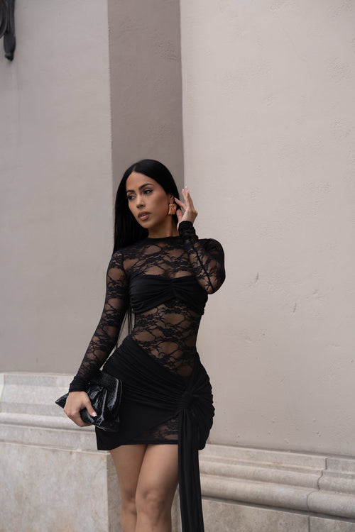 Draped Temptation Ruched Lace Mini Dress Black