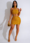 Party Glam Mesh Rhinestones Faux Leather Skirt Set Gold