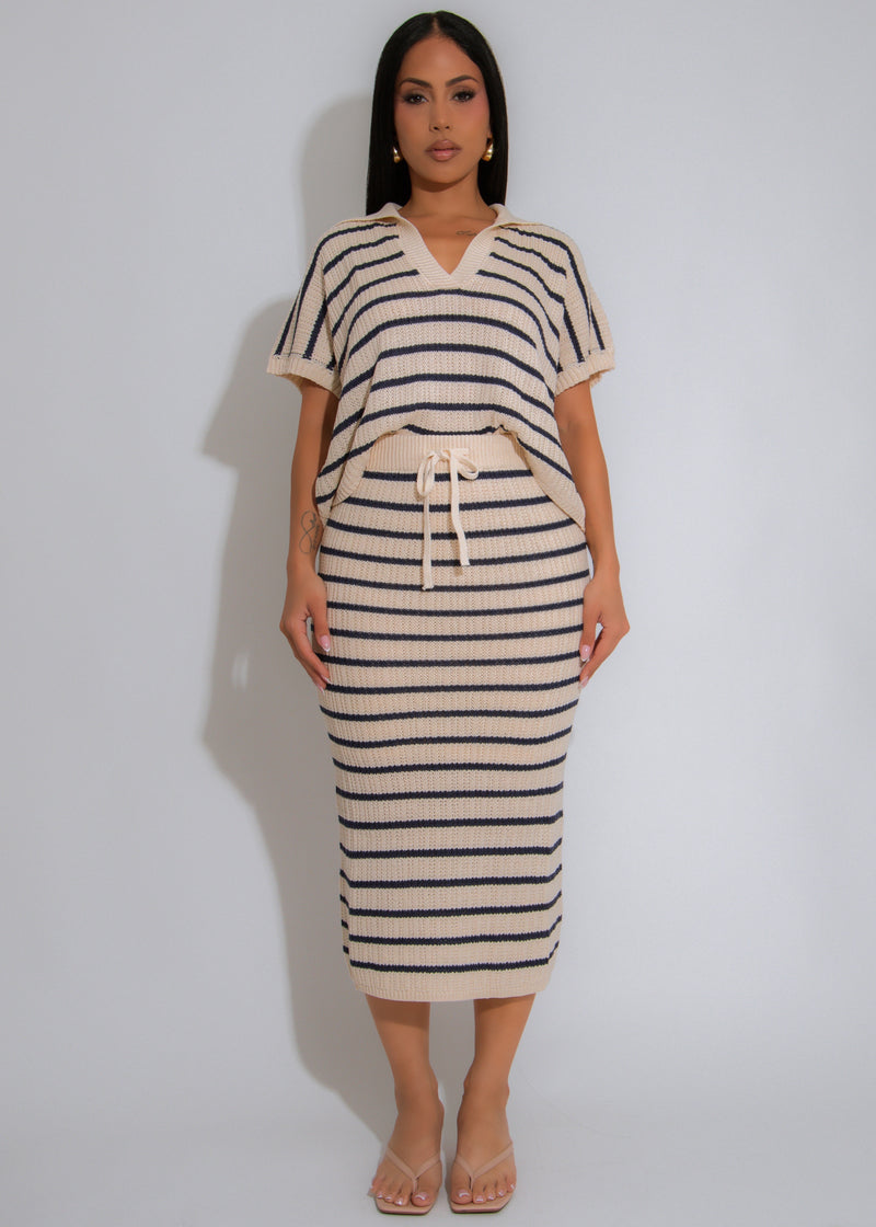 Mariner Muse Knit Stripes Skirt Set Nude