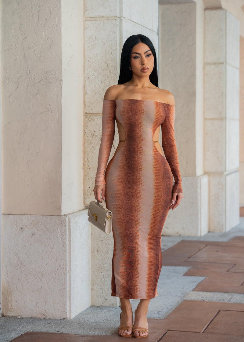 Second Skin Snakeskin Mesh Midi Dress Brown