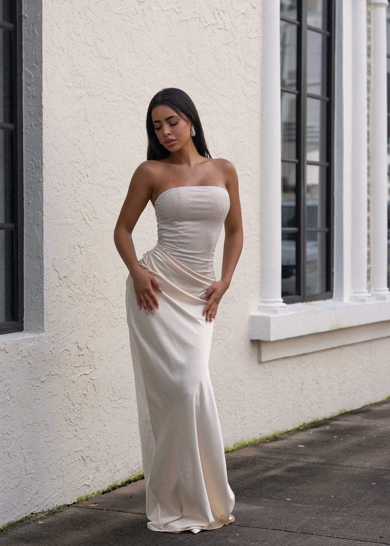 Lumina Drape Ruched Rhinestone Maxi Dress Nude