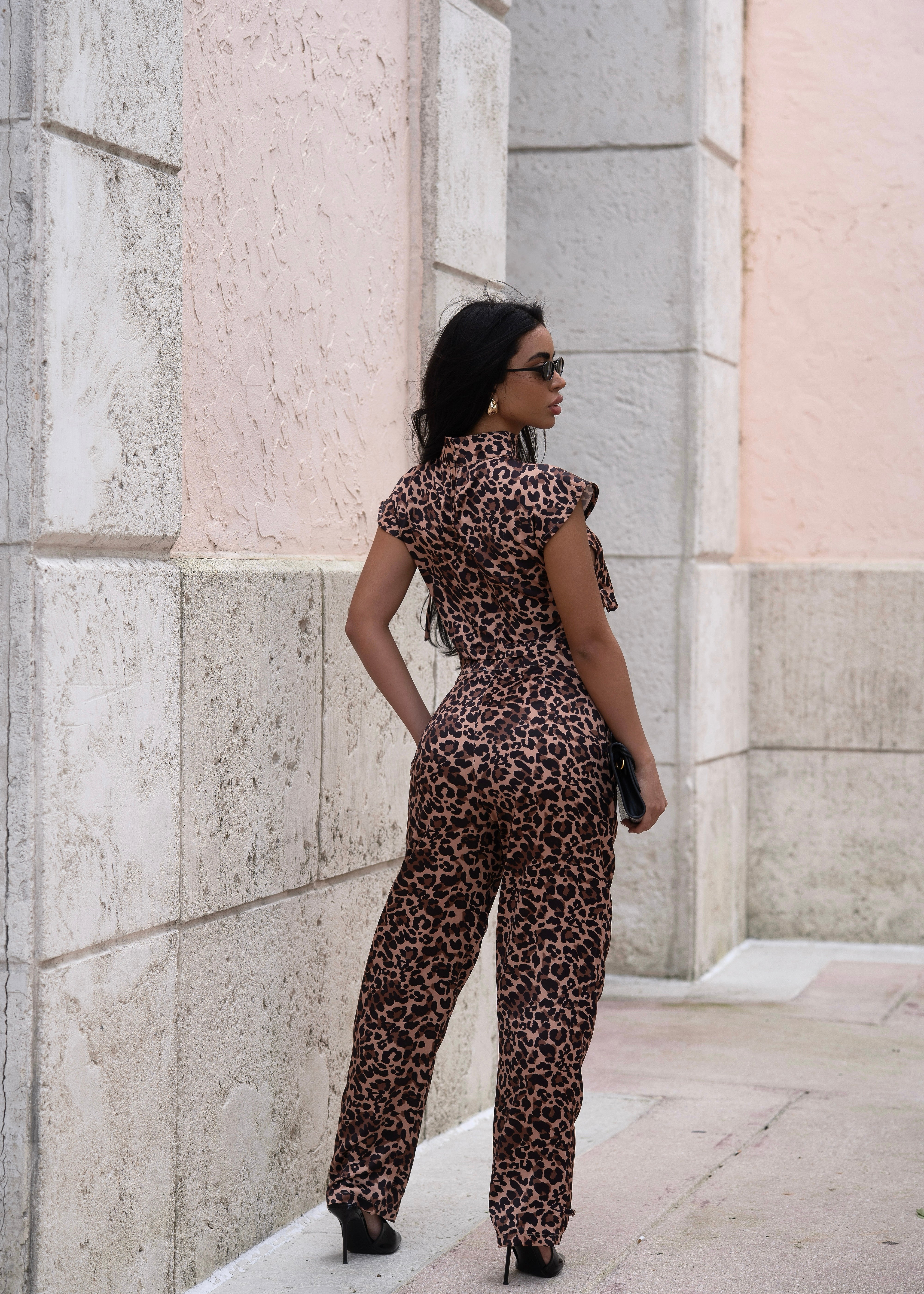 Wild Syntax Satin Leopard Pant Set Brown