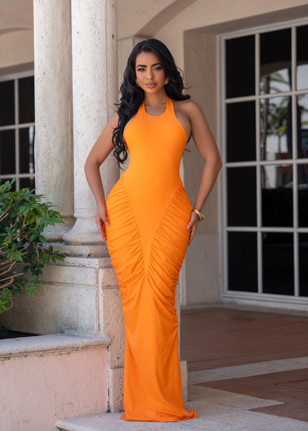 Pure Dominion Ruched Maxi Dress Orange