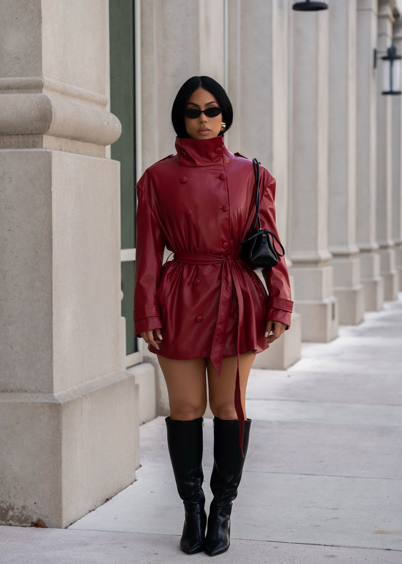 Sinful Intentions Faux Leather Mini Coat Dress Red