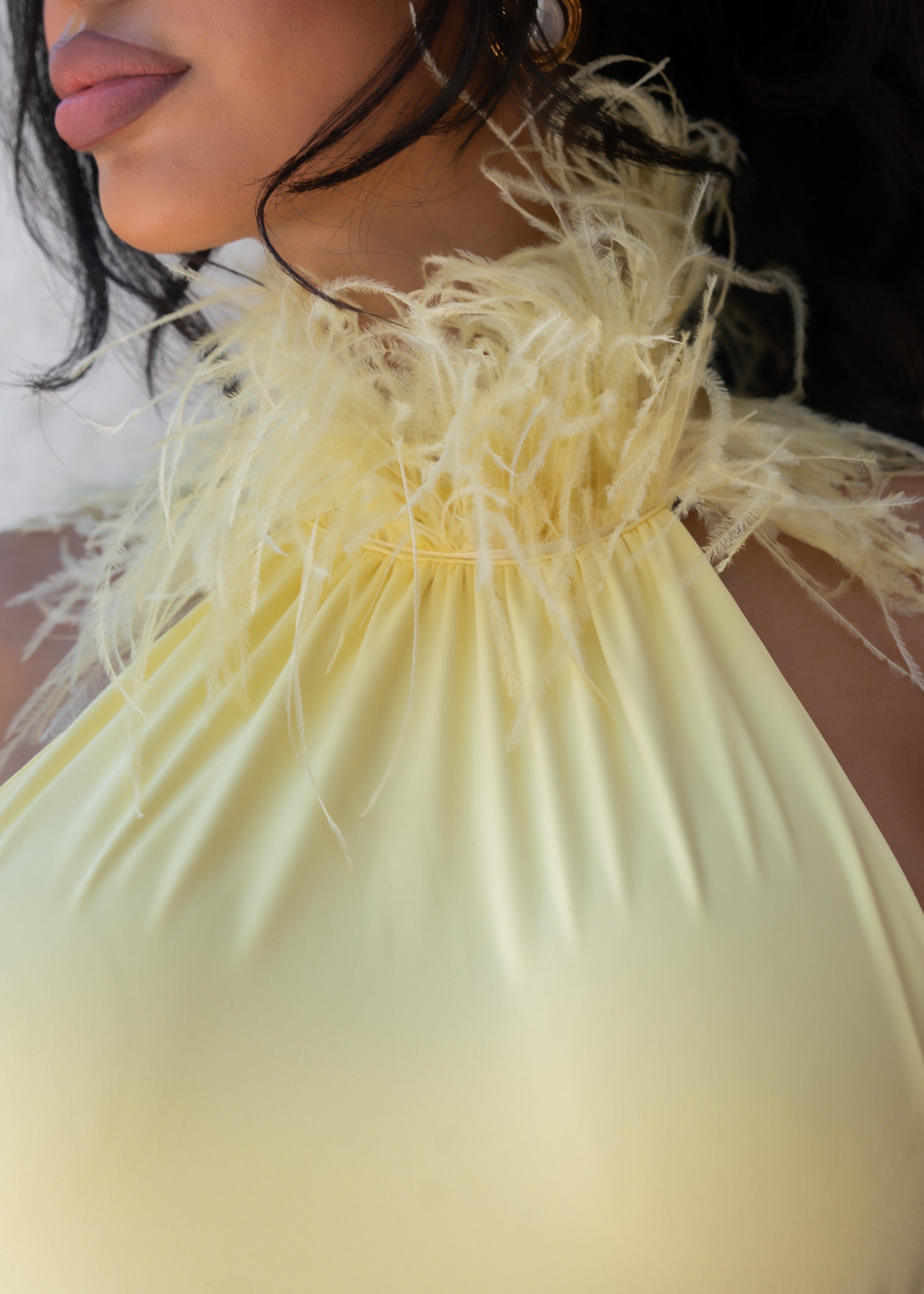 Private Desire Feather Trim Midi Dress Yellow