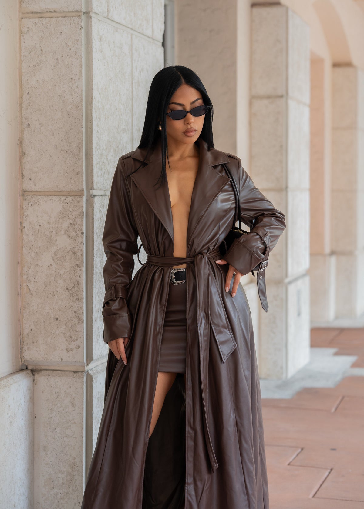 Cityscape Elegance Faux Leather Skirt Set Dark Brown