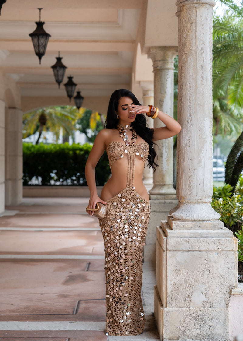 I'm The Main Topic Crochet Maxi Dress Nude
