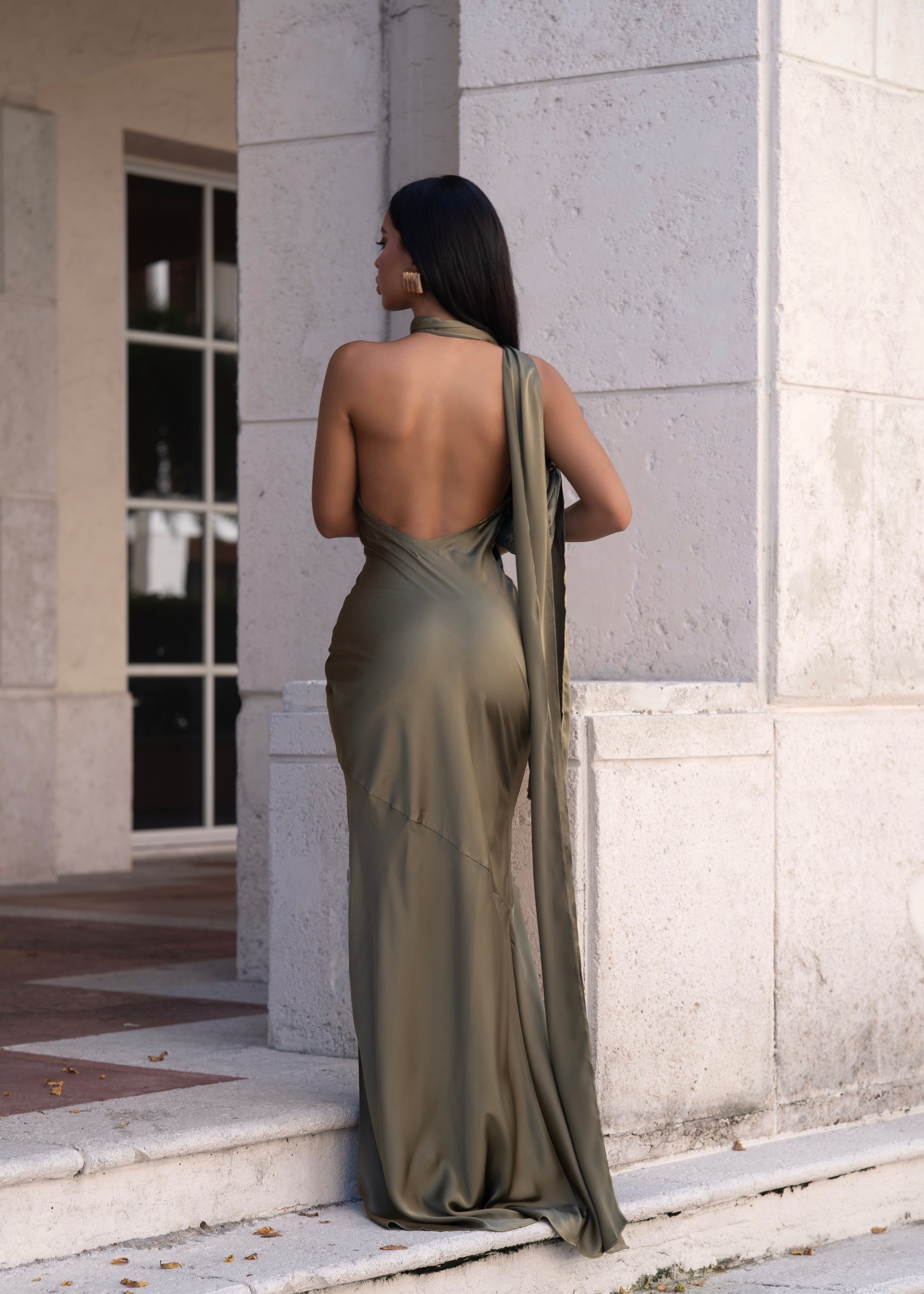 Oblique Grace Ruched Satin Maxi Dress Green