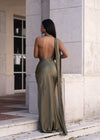 Oblique Grace Ruched Satin Maxi Dress Green
