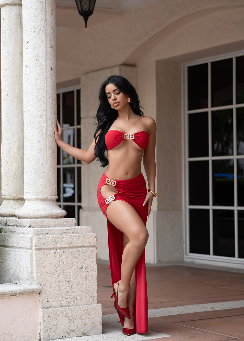 Nocturne Seduction Ruched Skirt Set Red