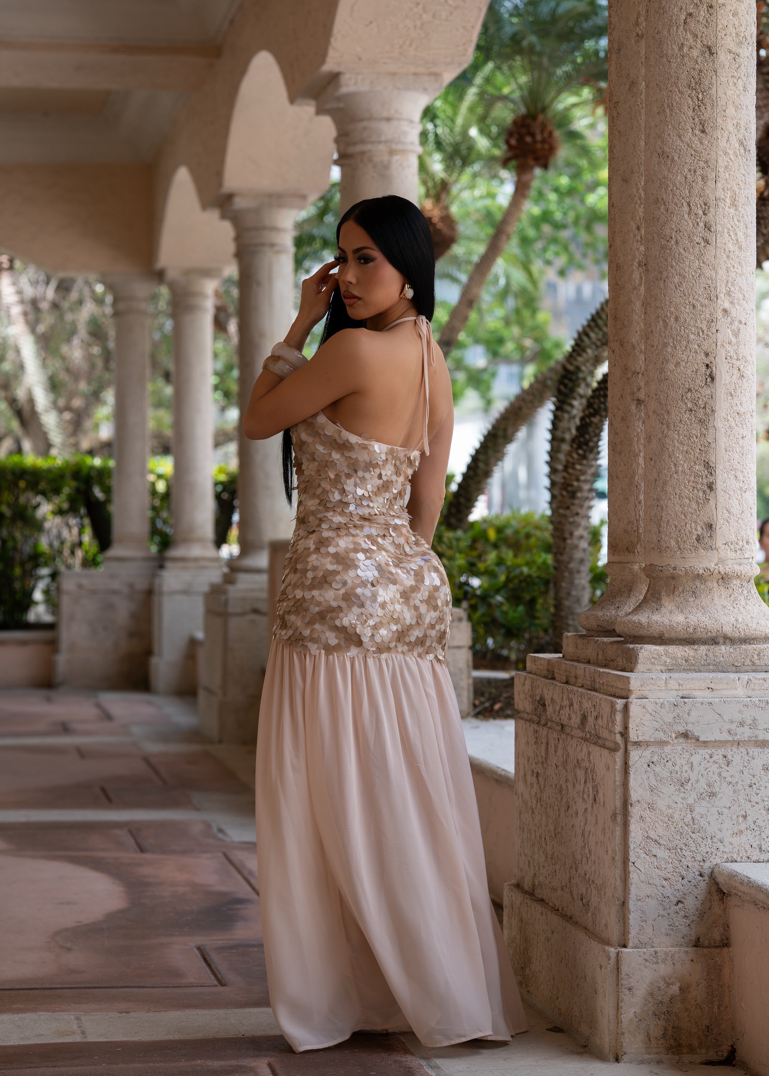 Obsession Royale Sequin Maxi Dress Nude