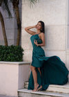 Hidden Flame Ruched Satin Maxi Dress Green