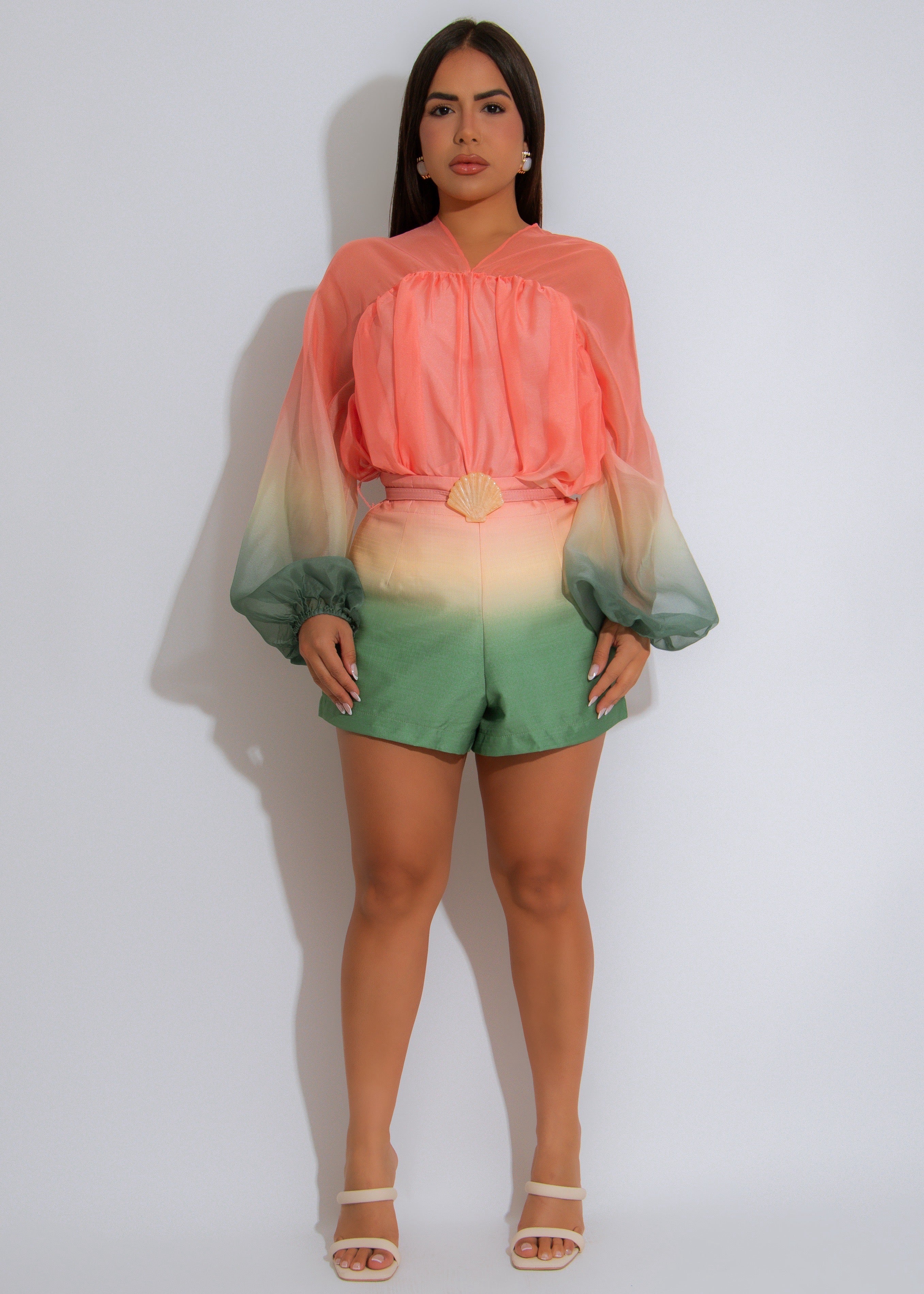 Cloud Bloom Mesh Ruched Short Set Orange