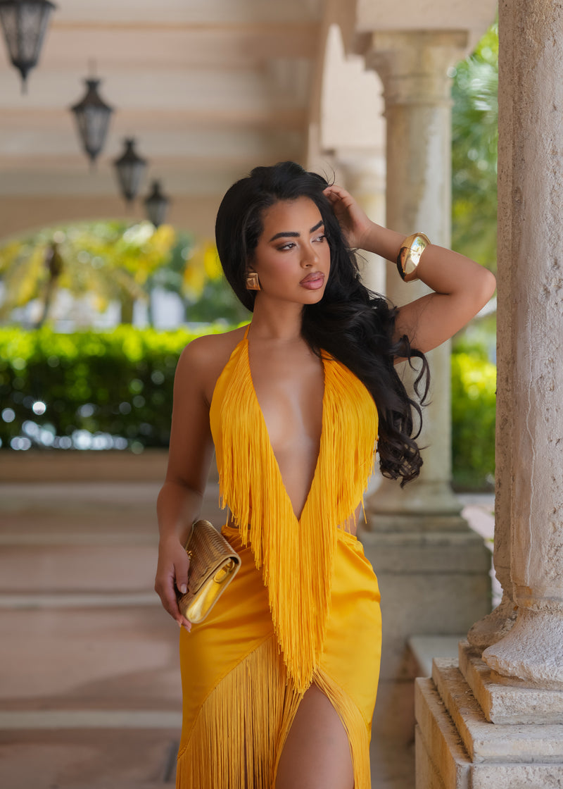 Rhythm & Desire Satin Fringe Midi Dress Yellow
