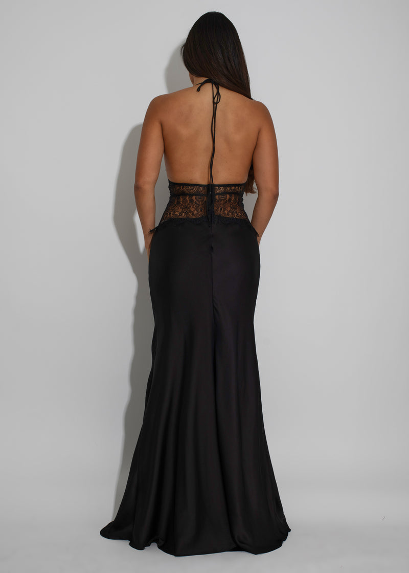 Moonlit Desire Satin Lace Maxi Dress Black