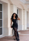 Veiled Intention Floral Lace Ruched Maxi Dress Black