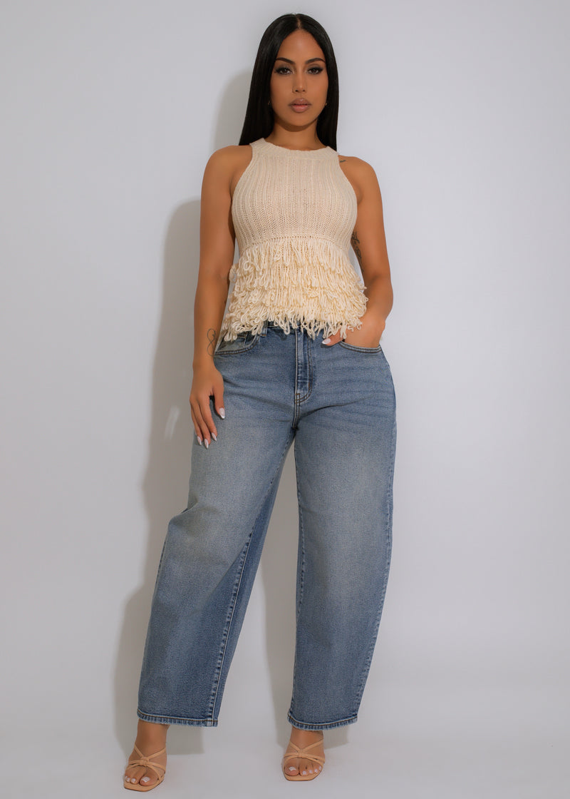 Fringe Flow Knit Long Top Nude