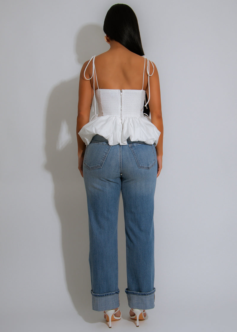 Ruffle Bloom Ruched Long Top White