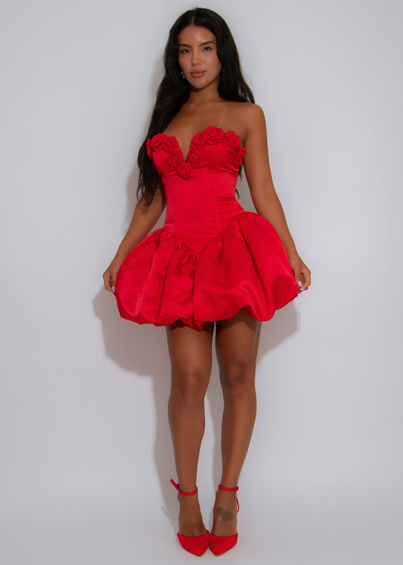 Rosette Romance Floral Satin Ruched Mini Dress Red