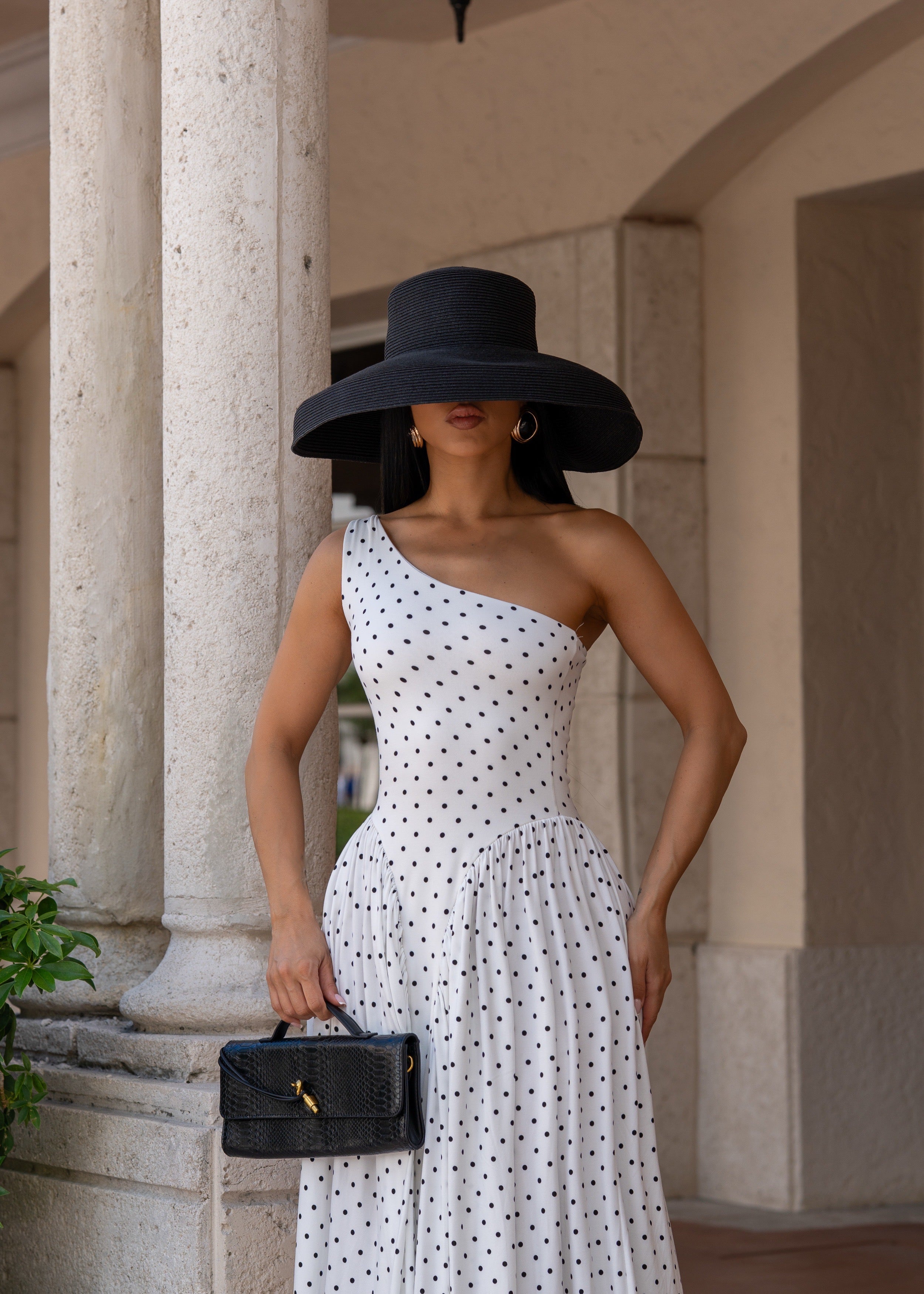 Temple of Desire Ruched Polkas Maxi Dress White