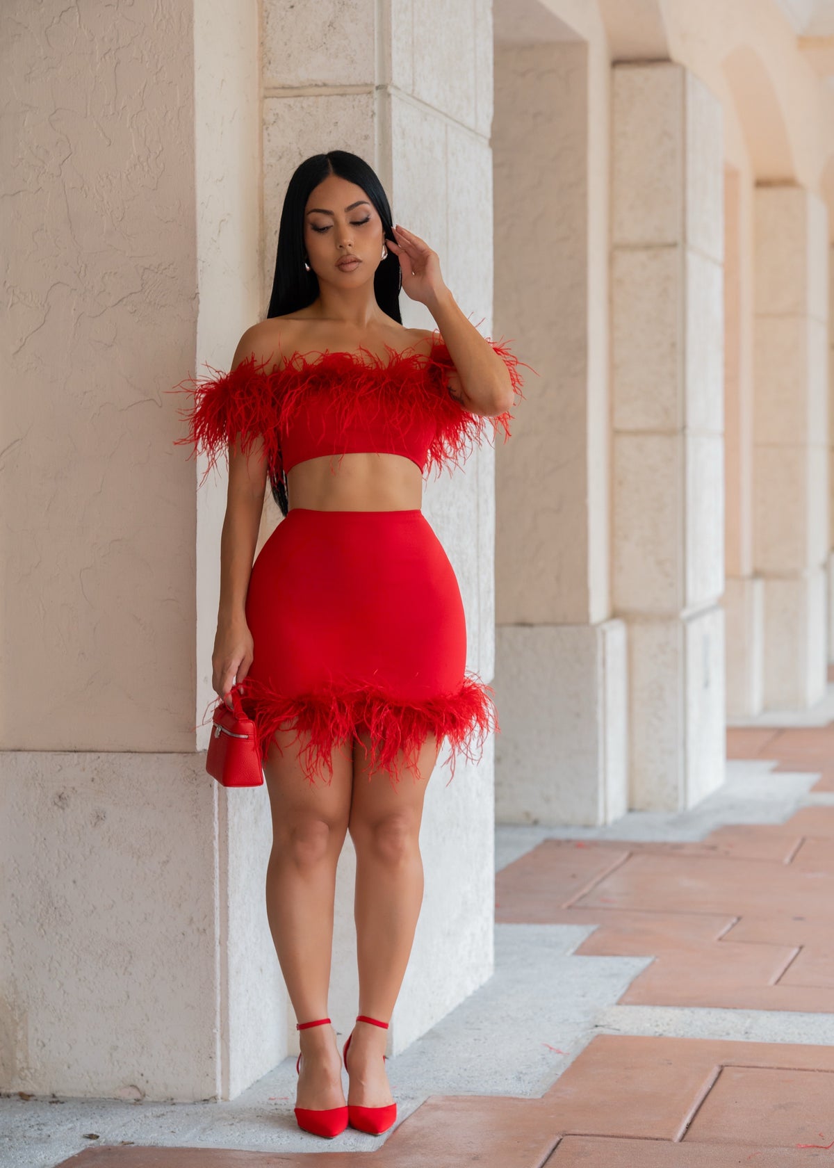 After Hours Feather Skirt Set Red