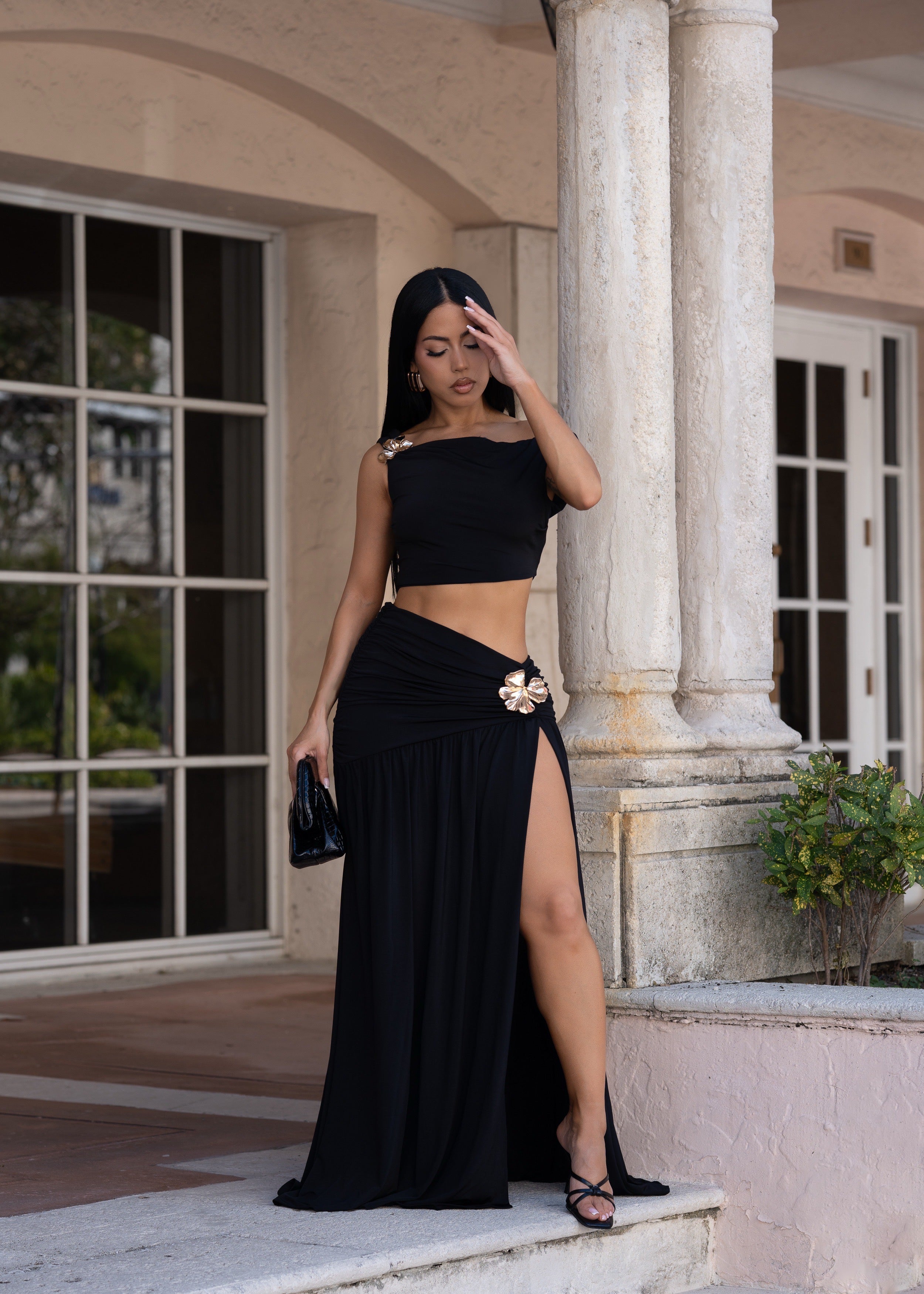 Opulence Bloom Ruched Skirt Set Black