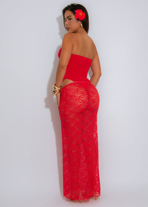 Tangled Temptation Lace Floral Skirt Set Red