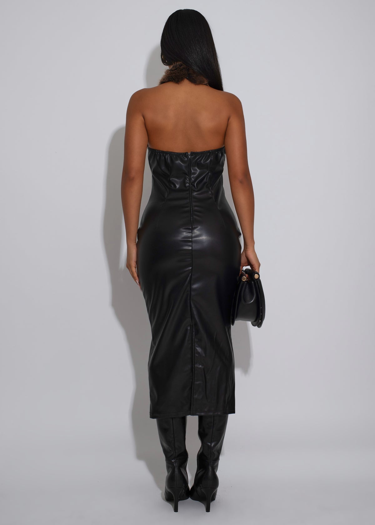 Femme Aura Faux Leather Midi Dress Black