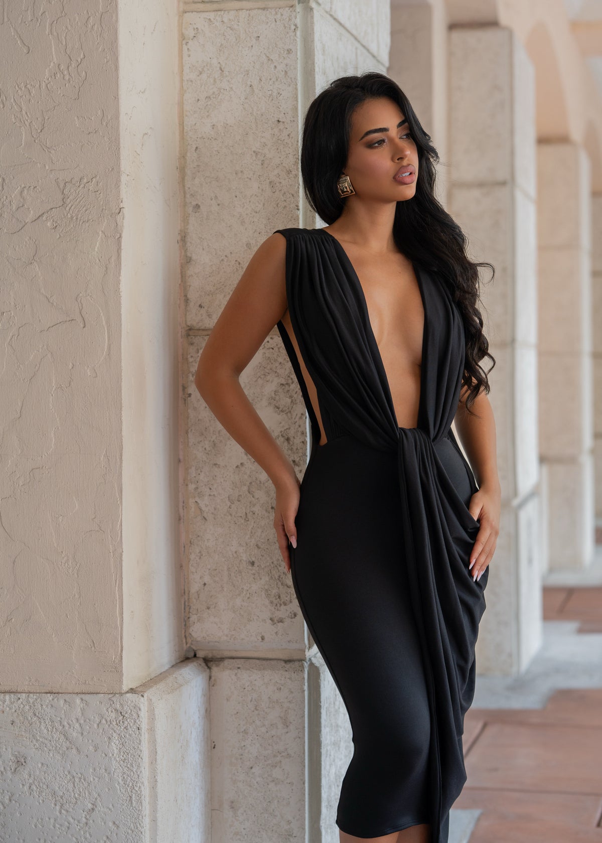 Undone Desire Ruched Midi Dress Black