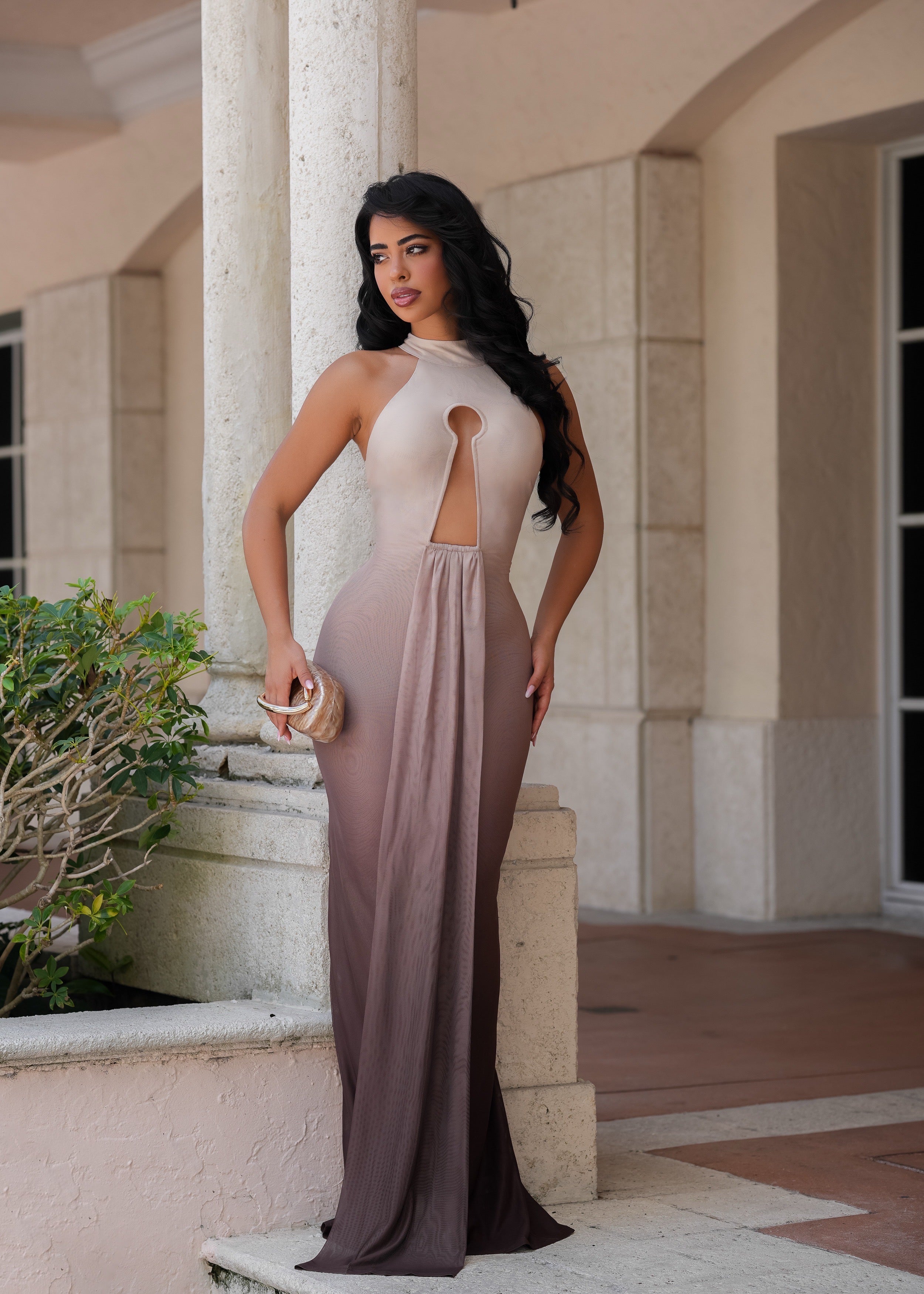 Afterglow Cutout Mesh Maxi Dress Nude