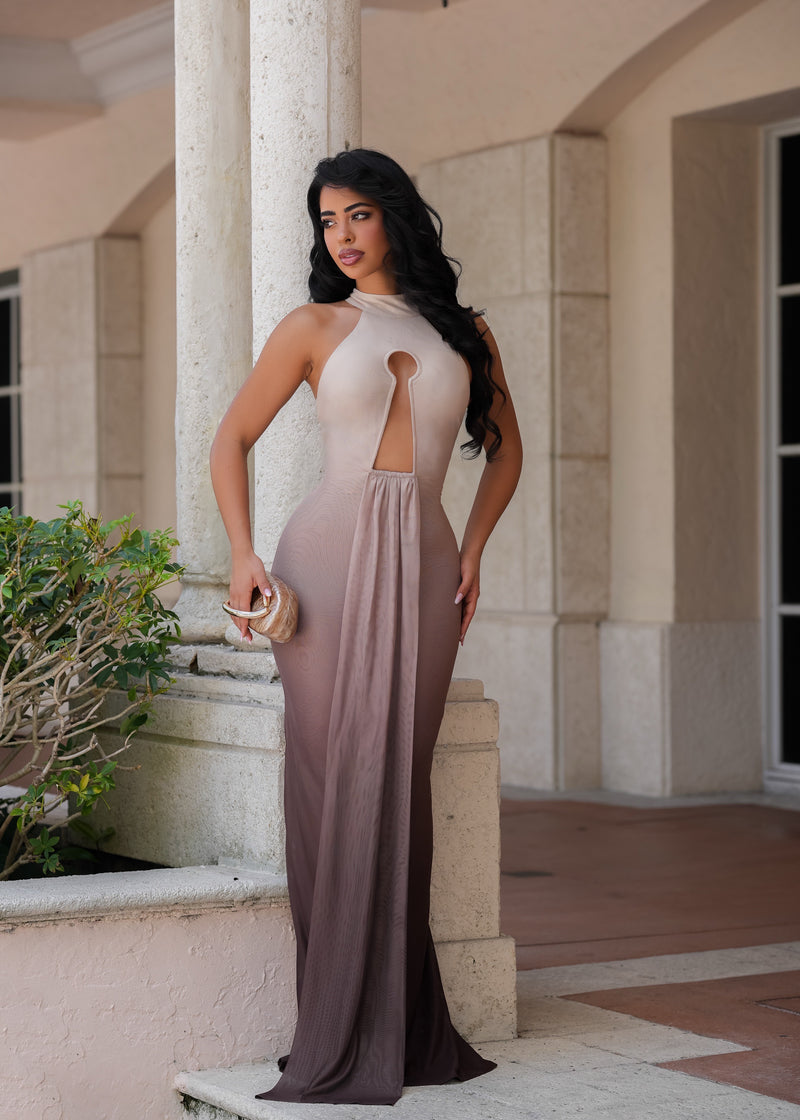 Afterglow Cutout Mesh Maxi Dress Nude