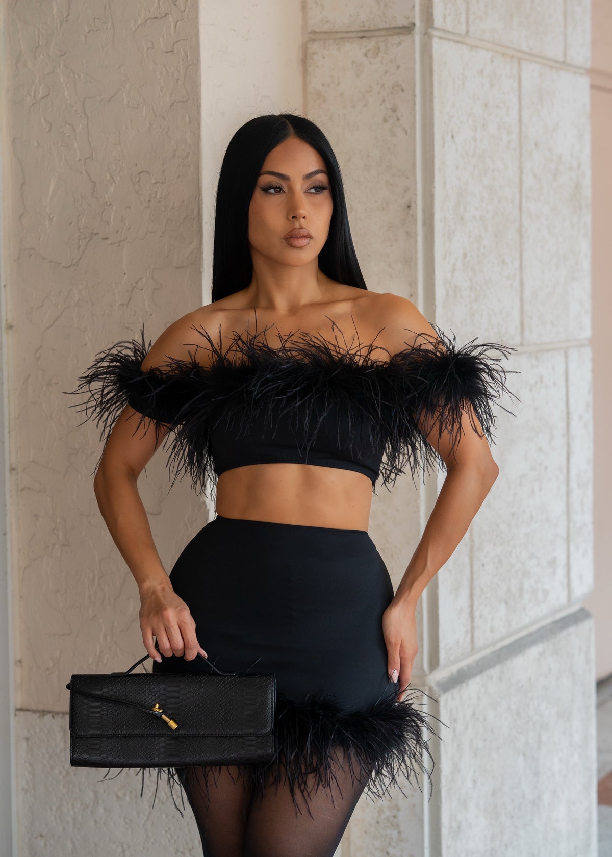After Hours Feather Skirt Set Black