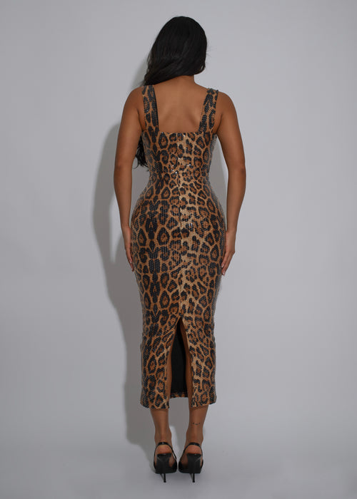 Luxe Predator Leopard Sequin Midi Dress Brown