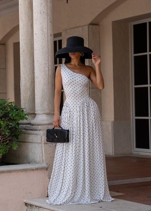 Temple of Desire Ruched Polkas Maxi Dress White