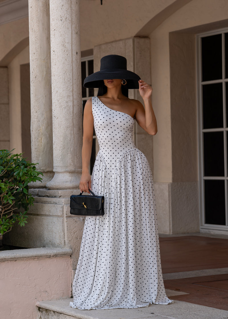 Temple of Desire Ruched Polkas Maxi Dress White