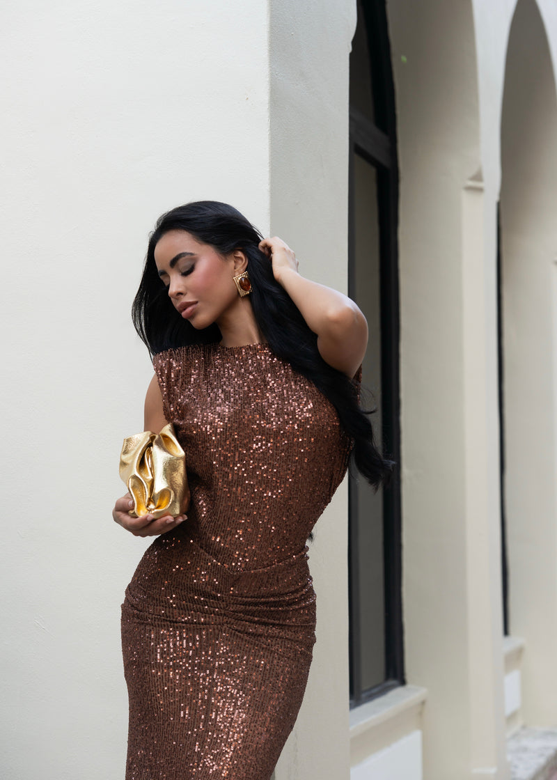 Nocturne Spark Ruched Sequin Skirt Set Brown