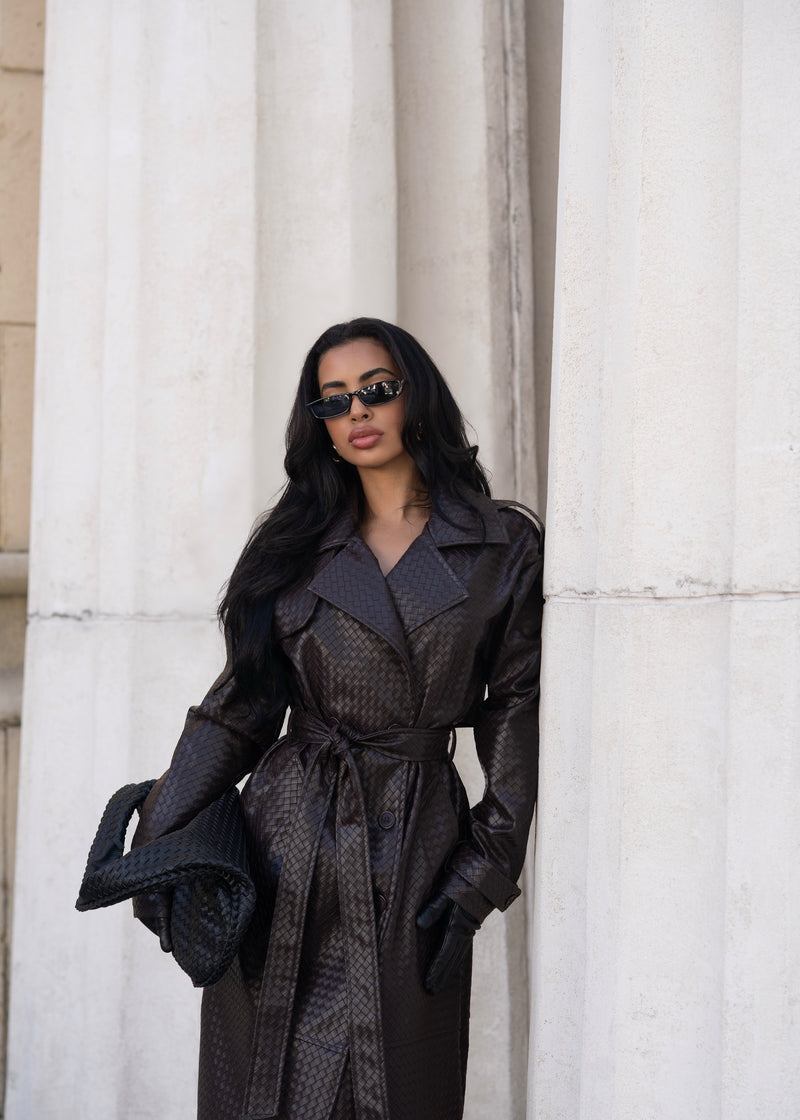 High Rise Woven Leather Coat Brown