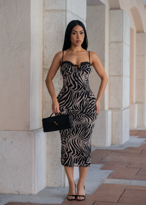Wild Instincts Lace Trim Mesh Midi Dress Black