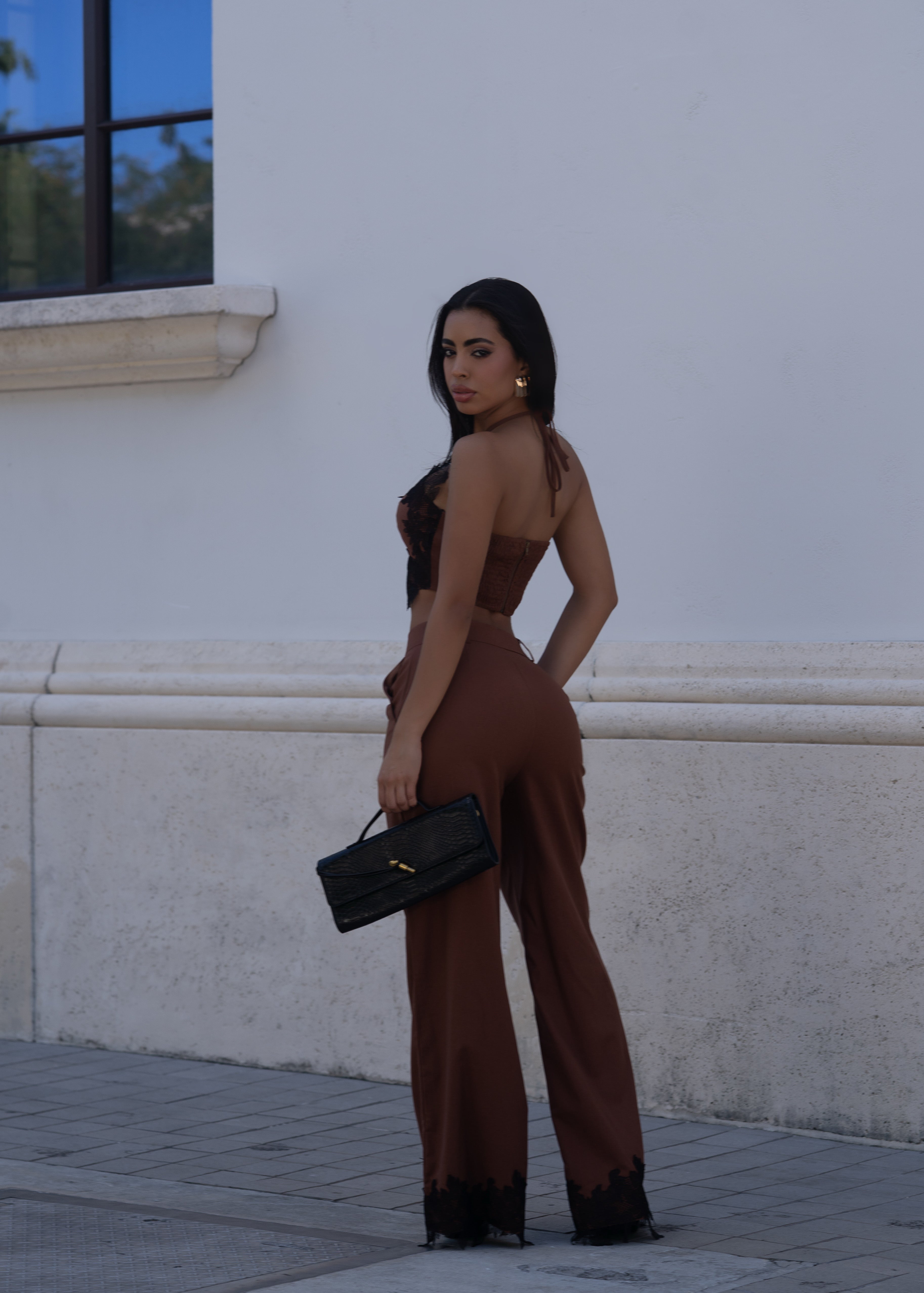 Femme Script Linen Lace Pant Set Brown