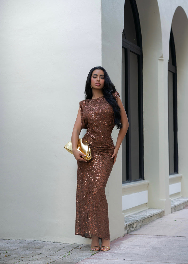 Nocturne Spark Ruched Sequin Skirt Set Brown