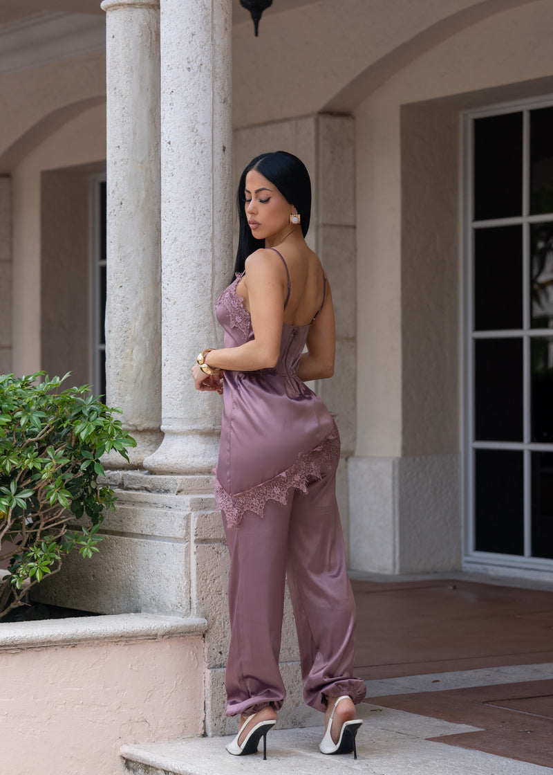 Intimate Lace Satin Obsession Jumpsuit Brown