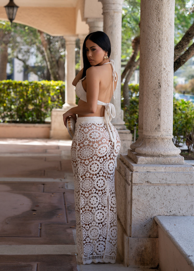 Solstice Petal Crochet Floral Skirt Set White