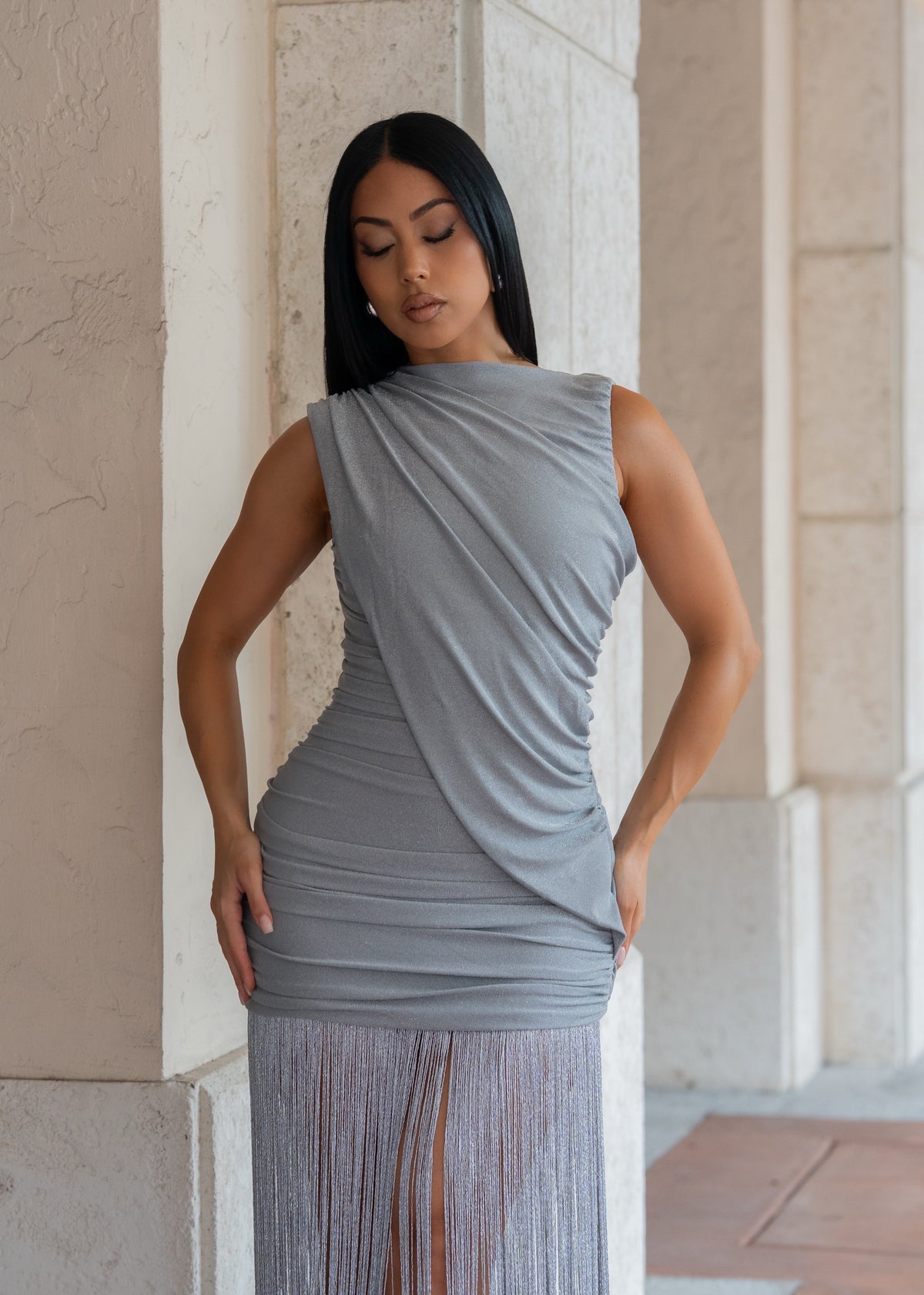 Midnight Sins Ruched Fringe Maxi Dress Silver