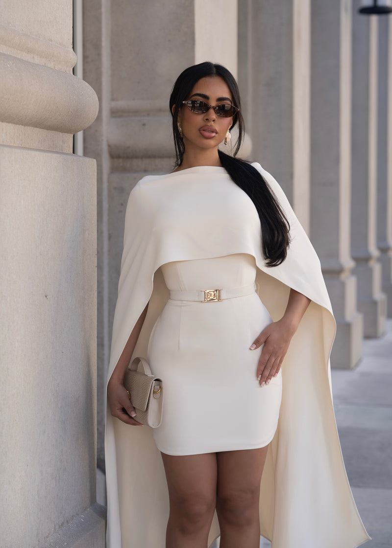 Structured Veil Cape Mini Dress Nude