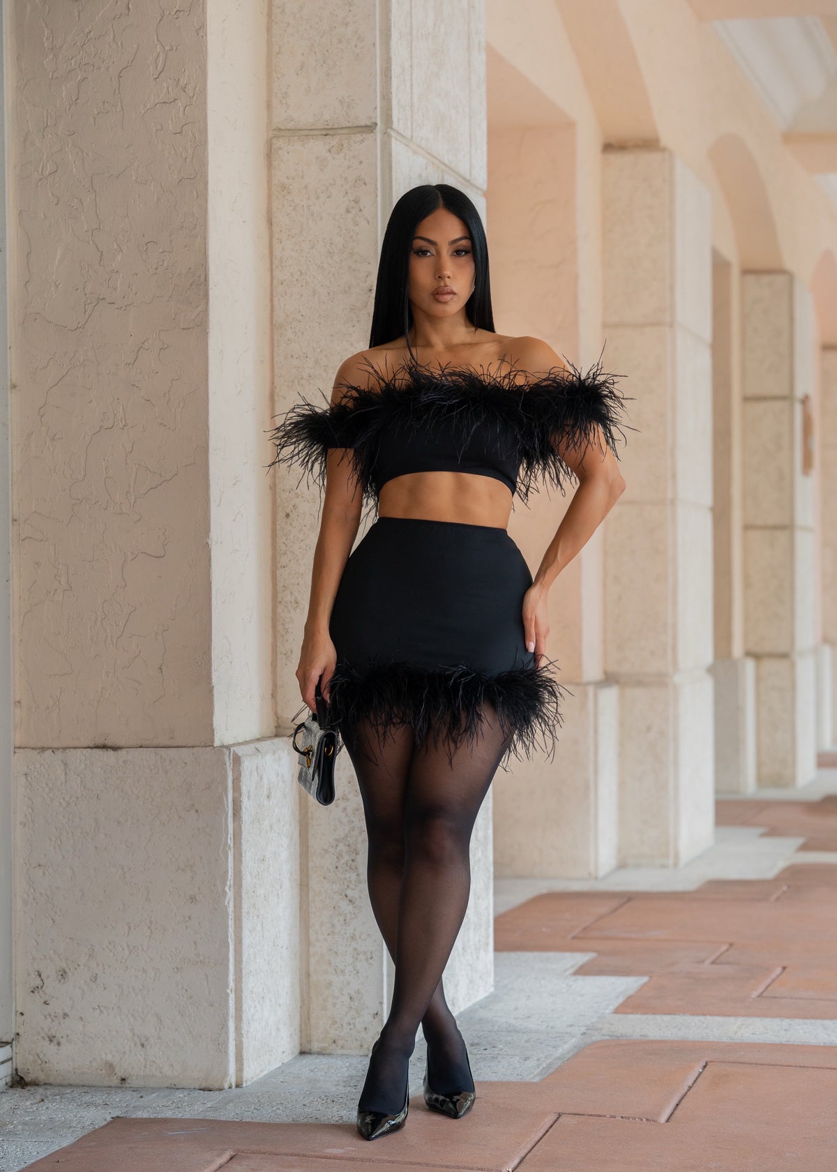 After Hours Feather Skirt Set Black
